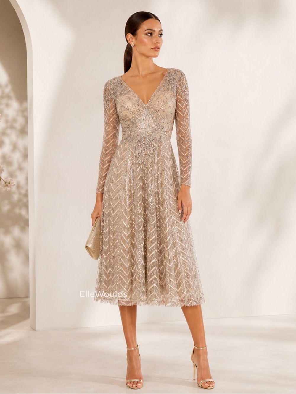 Mac Duggal Long Sleeve Embellished Midi Dress Mother of Bride Guest Size 18